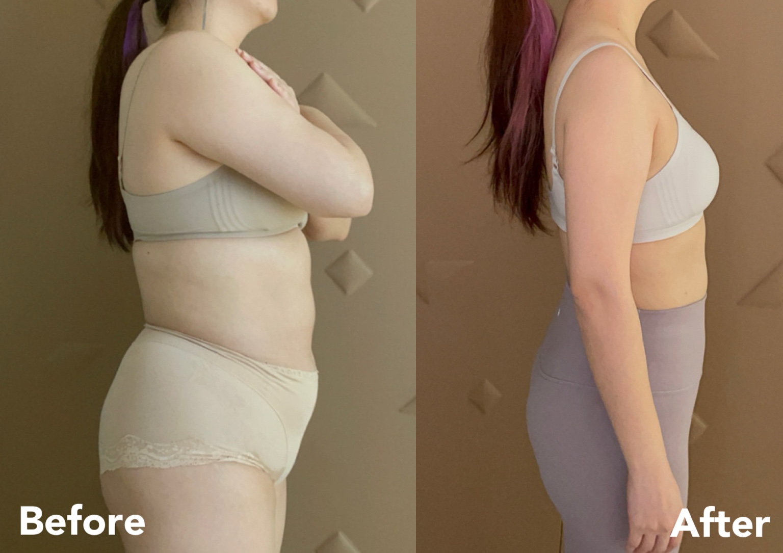 28-day female body recomposition — side before and after