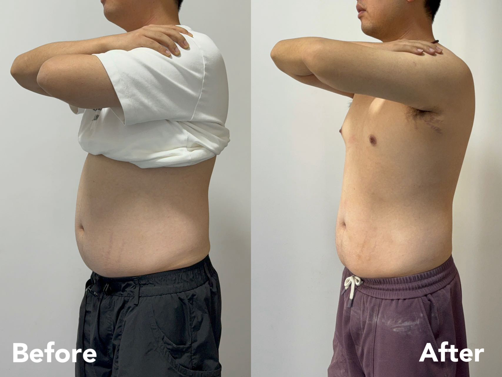 28-day male body reset — side angle before and after