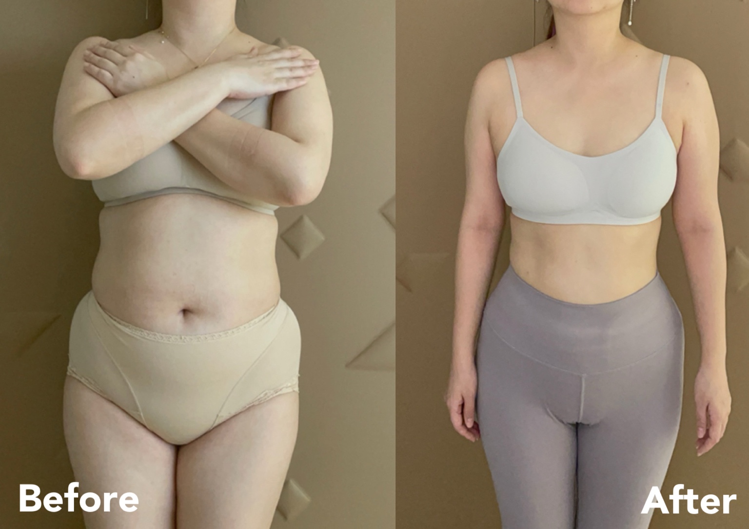 28-day female body recomposition — front before and after