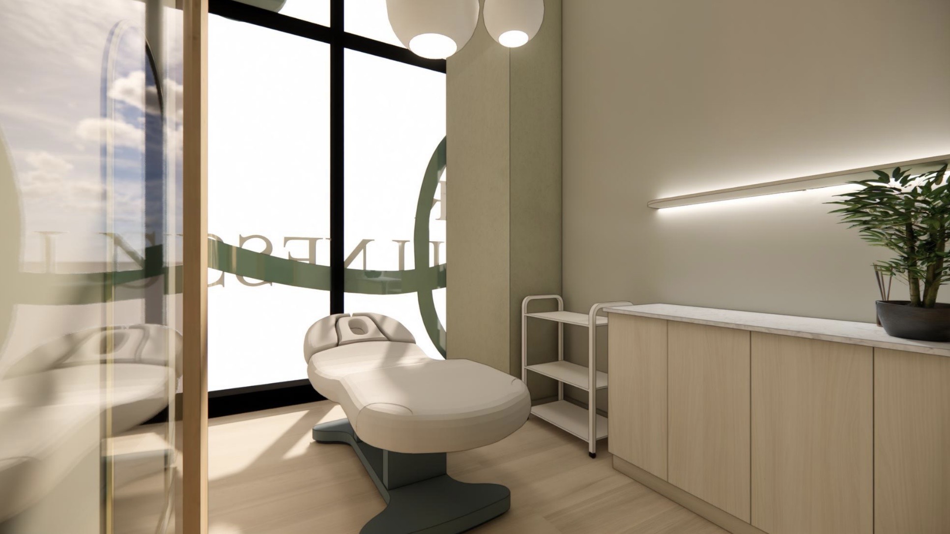 Private treatment suite with gold arch mirror