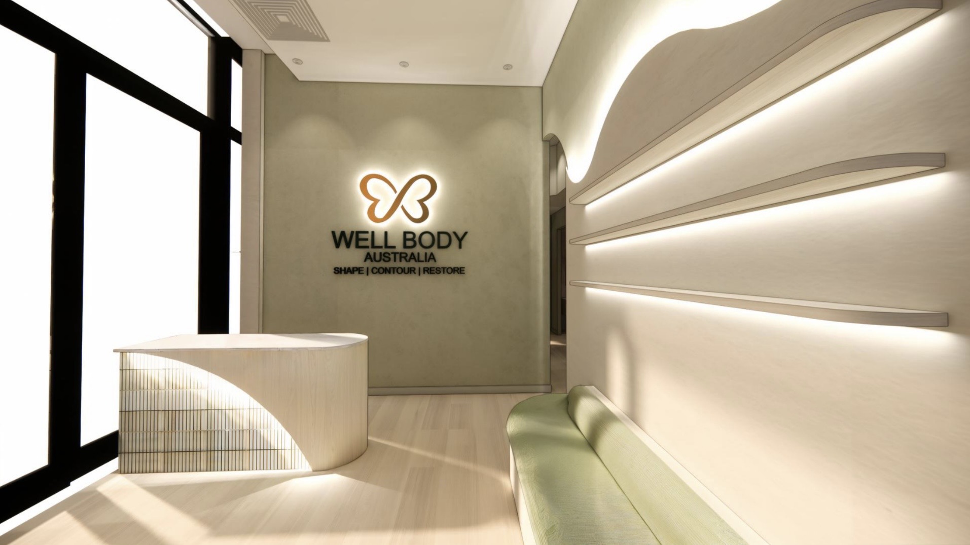 Wellbody reception with butterfly logo wall and warm sage interior